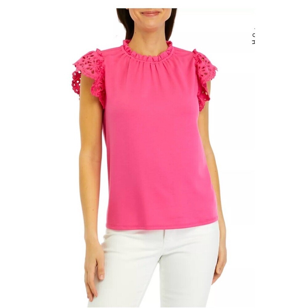 Crown & Ivy Pink Eyelet Lace Flutter Sleeve Blouse M